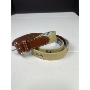 Peter Millar Beige Canvas Belt with Brown Leather Trim and Blue Embroidery